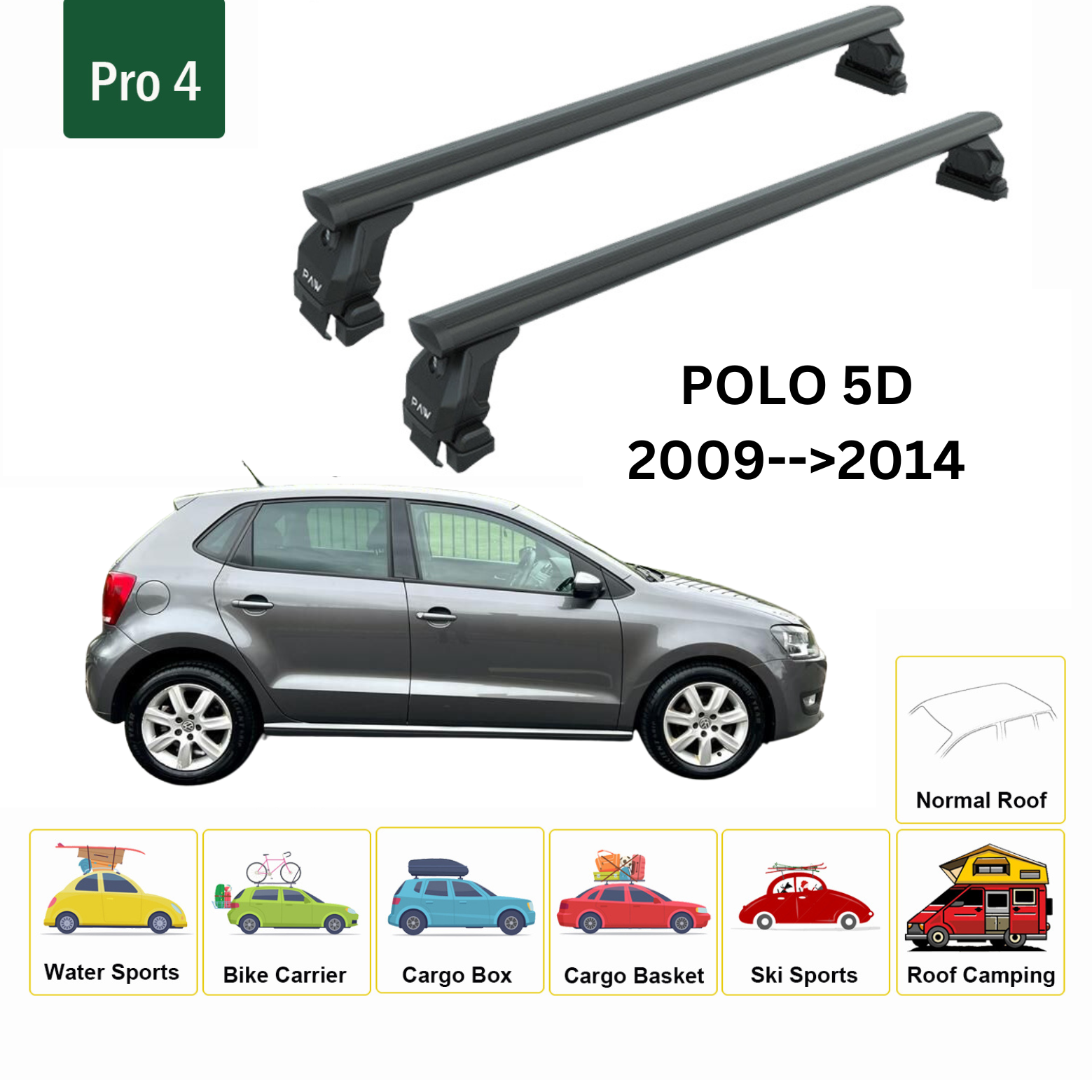 For Volkswagen Polo 5D 2009-2014 Roof Rack Cross Bar Metal Bracket Normal Roof Alu Black For Volkswagen Polo 5D 2009-2014 Roof Rack Cross Bar Metal Bracket Normal Roof Alu Black